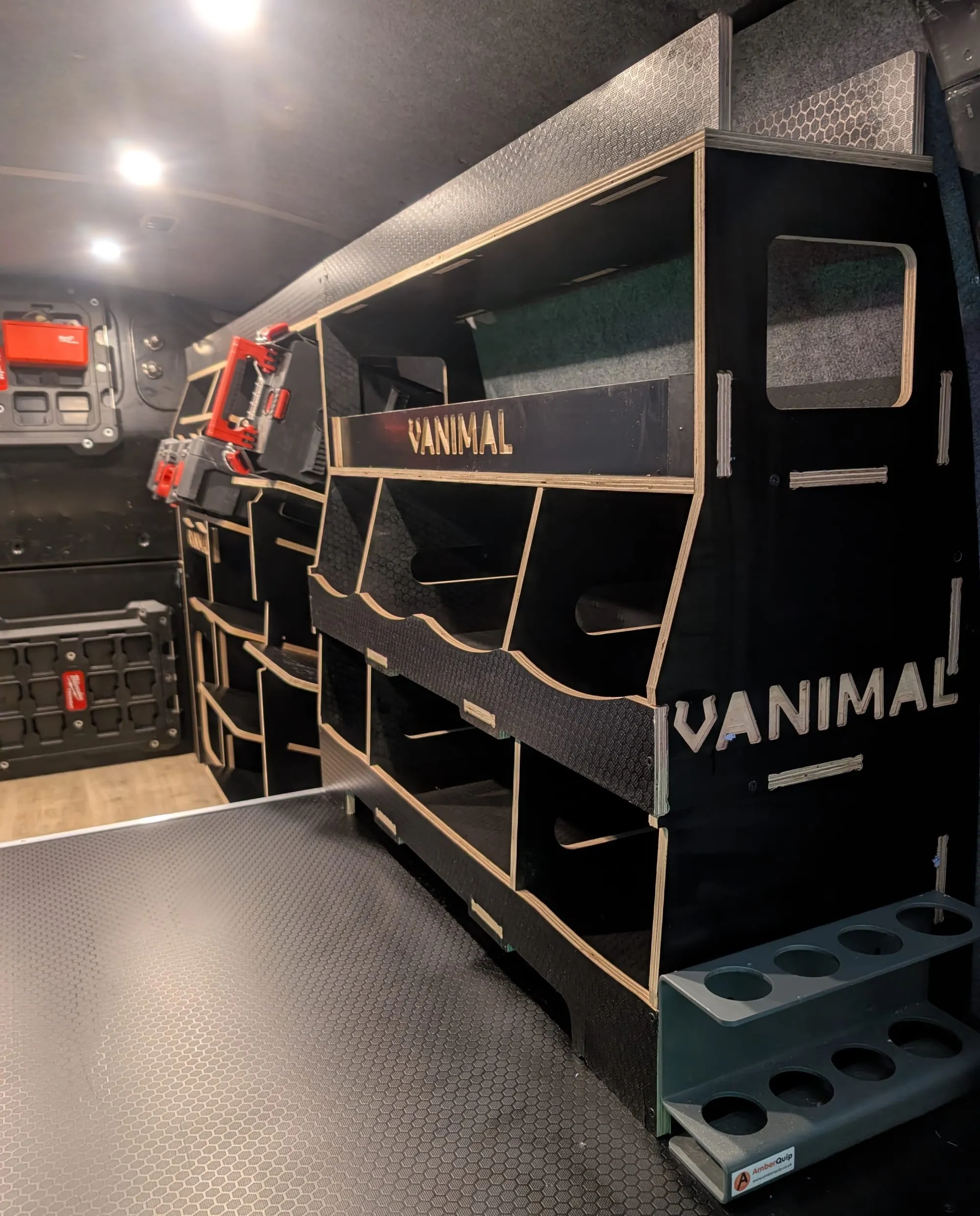 Custom van racking with shelving for Milwaukee storage boxes